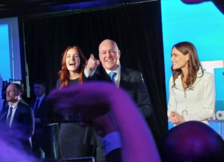 NZ's National Party leader Christopher Luxon celebrates last night after the 2023 election results were revealed. Image: RNZ/Russell Pamer