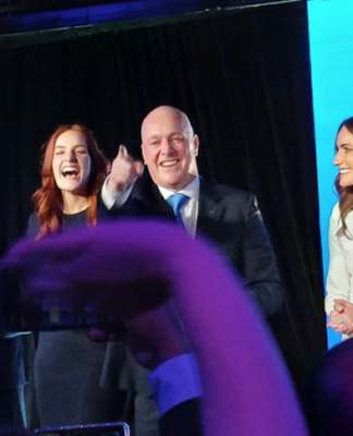 NZ's National Party leader Christopher Luxon celebrates last night after the 2023 election results were revealed. Image: RNZ/Russell Pamer