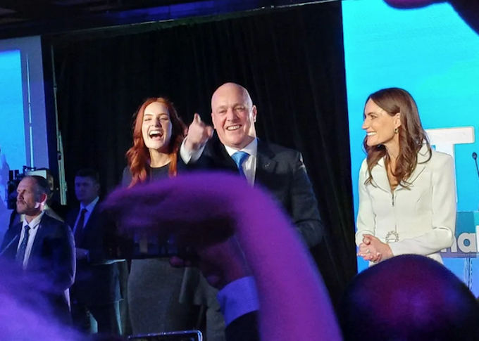 NZ's National Party leader Christopher Luxon celebrates last night after the 2023 election results were revealed. Image: RNZ/Russell Pamer