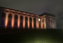 The Auckland Museum bathed in red light last night