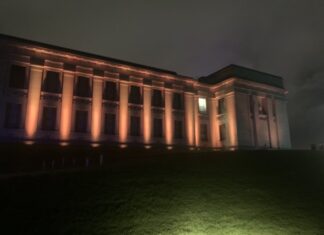 The Auckland Museum bathed in red light last night