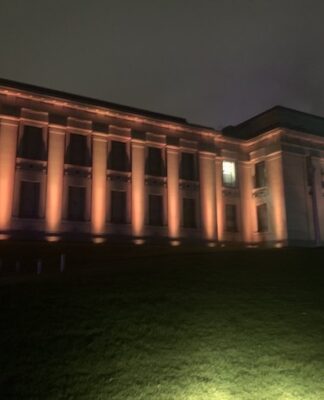 The Auckland Museum bathed in red light last night