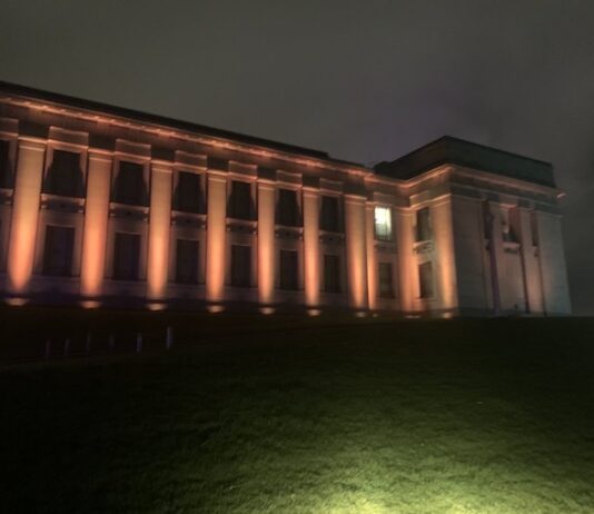 The Auckland Museum bathed in red light last night