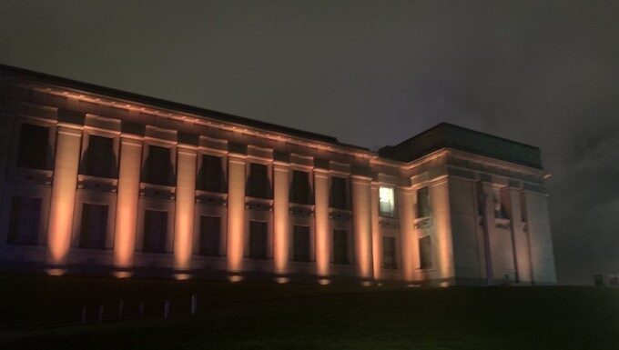 The Auckland Museum bathed in red light last night