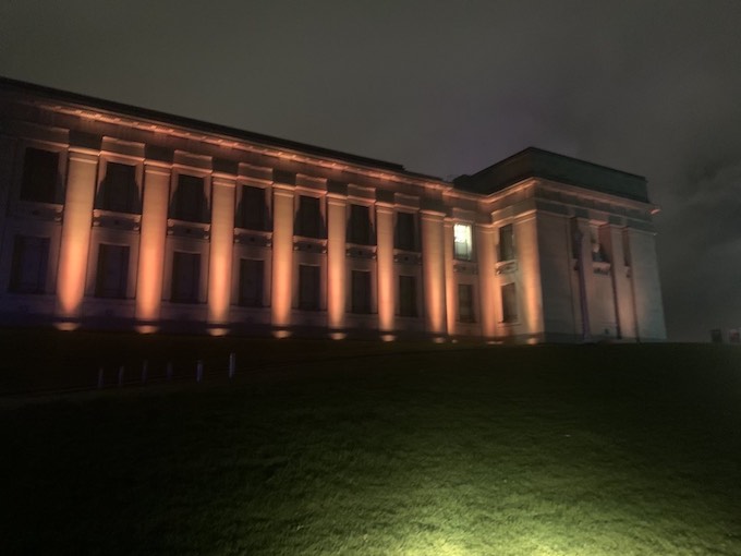 The Auckland Museum bathed in red light last night
