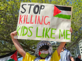 One of the many children taking part in today's solidarity rally for Palestine