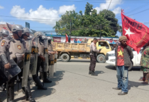 A protest by Papuan activists is blocked around the anniversary of the 1962 New York Agreement in August 2023