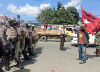 A protest by Papuan activists is blocked around the anniversary of the 1962 New York Agreement in August 2023