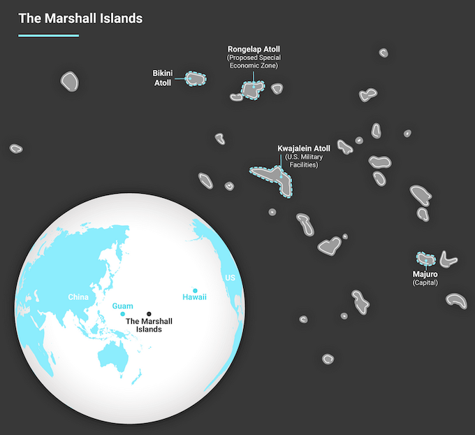 A map of Rongelap Atoll in the Marshall Islands.