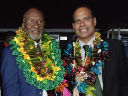 Vanuatu's new Prime Minister Charlot Salwai (left) and Graon Mo Jastis Party's Ralph Regenvanu