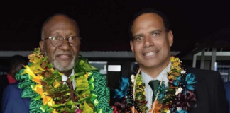 Vanuatu's new Prime Minister Charlot Salwai (left) and Graon Mo Jastis Party's Ralph Regenvanu