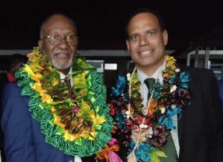 Vanuatu's new Prime Minister Charlot Salwai (left) and Graon Mo Jastis Party's Ralph Regenvanu