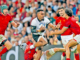 Flying Fijians fullback Sireli Maqala tries to dance his way through the Portugese defence