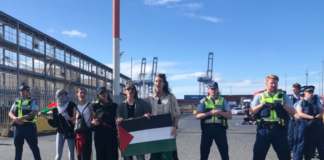 Some of the protesters are flanked by police officers at Auckland Port