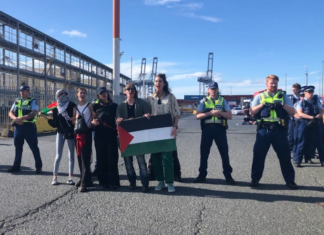 Some of the protesters are flanked by police officers at Auckland Port