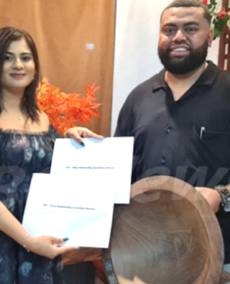 USP student journalists Yukta Chand (left) and Viliame Tawanakoro jointly won the FBC-sponsored Most Outstanding Journalism Student of the Year award