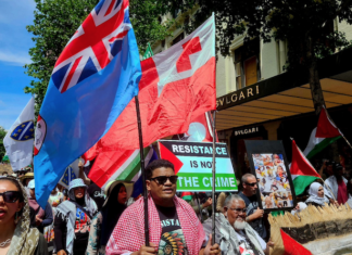 Pro-Palestinian protesters carrying the Fiji and Tongan national flags