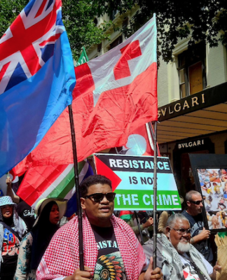 Pro-Palestinian protesters carrying the Fiji and Tongan national flags