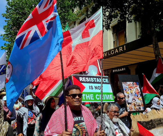 Pro-Palestinian protesters carrying the Fiji and Tongan national flags
