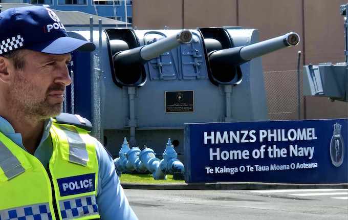 Police guard at the entrance to Auckland's Devonport Naval Base