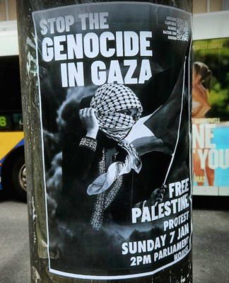 A poster promoting a protest against the Gaza genocide planned for outside the South Australian Parliament