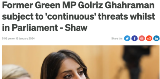 Headlines on the "continuous threats" - both violent and sexual - faced by former Green MP Golriz Ghahraman