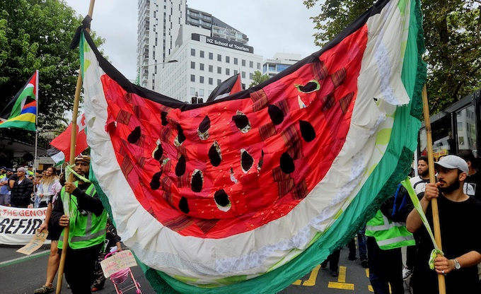 A watermelon banner at the Auckland rally today