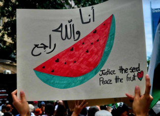 A watermelon banner in last Sunday's pro-Palestinian rally calling for a Gaza ceasefire in Auckland's Queen Street