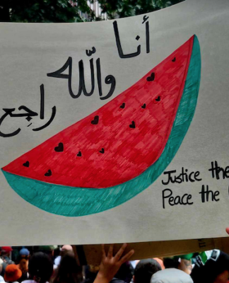 A watermelon banner in last Sunday's pro-Palestinian rally calling for a Gaza ceasefire in Auckland's Queen Street