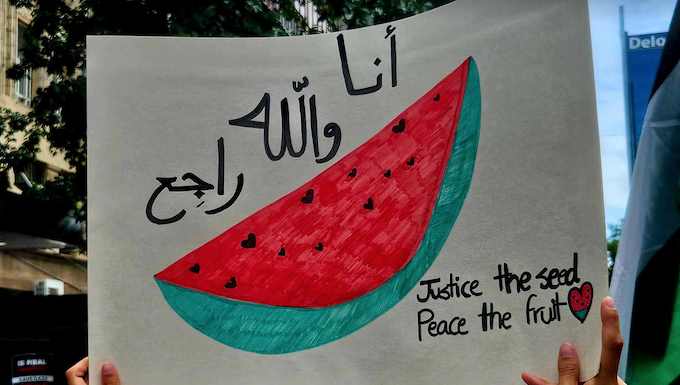 A watermelon banner in last Sunday's pro-Palestinian rally calling for a Gaza ceasefire in Auckland's Queen Street