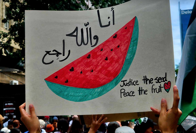 A watermelon banner in last Sunday's pro-Palestinian rally calling for a Gaza ceasefire in Auckland's Queen Street