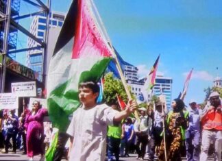 Seven-year-old Ali leads a pro-Palestine march