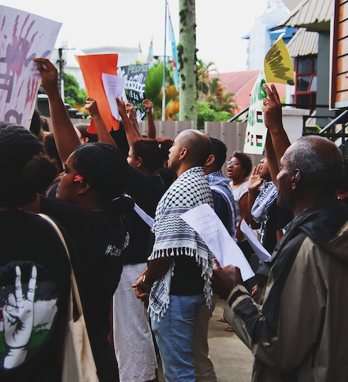 Fiji supporters protesting in solidarity with Palestine