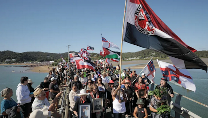 The Hikoī crosses over to Waitangi