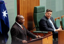 PNG Prime Minister James Marape addressing the Australian Federal Parliament