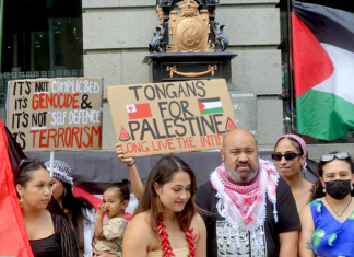 A Pacific cohort at the Palestinian solidarity rally and march at Te Komititanga Square today