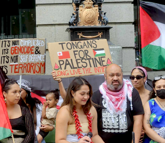 A Pacific cohort at the Palestinian solidarity rally and march at Te Komititanga Square today