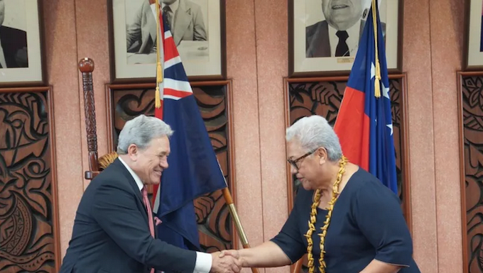 Pacific wants open discussion on AUKUS to keep region ‘nuclear free’ New Zealand Foreign Minister Winston Peters with Samoan Prime Minister Fiamē Naomi Mataʻafa