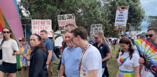 NZ Prime Minister Christopher Luxon protest at Big Gay Out