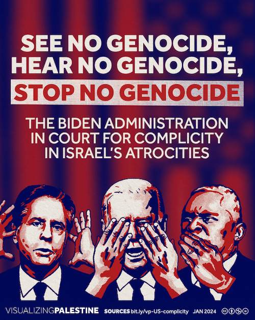 "See no genocide" . . . a graphic condemning the US stance over Palestine 