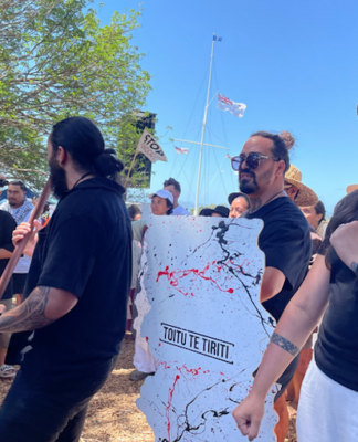 Protesters are carrying wooden signs shaped as the te tiriti o Waitangi