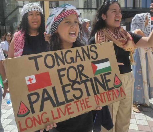 "Tongans for Palestine" with watermelon "tears"