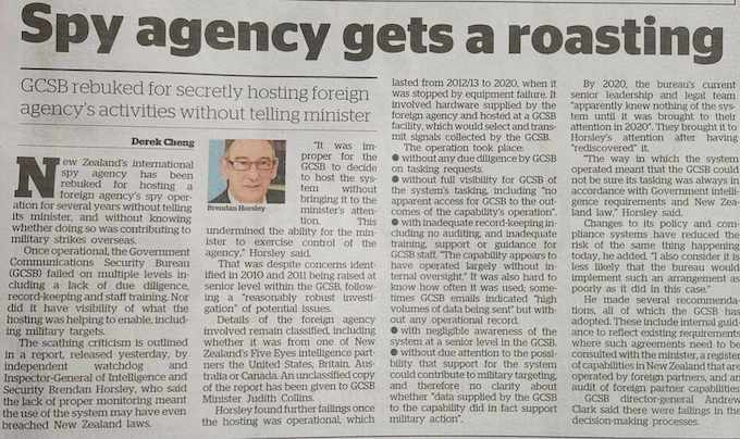 How the New Zealand Herald, NZ's largest newspaper, reported the news of the secret spy agency