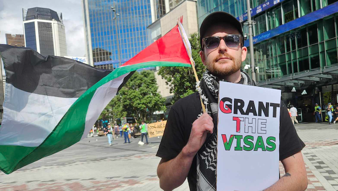 A protester in Auckland's Te Komititanga Square today