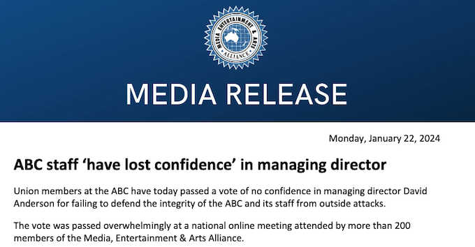 An earlier statement expressing loss of confidence in the ABC managing director David Anderson