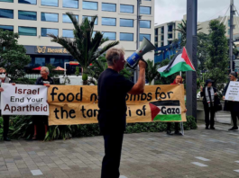 PSNA spokesperson Neil Scott reports to the pro-Palestine picket outside the MFAT Auckland office