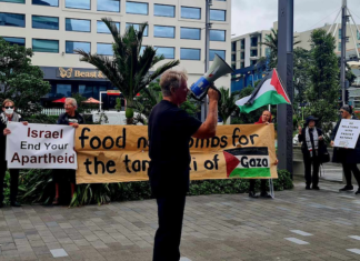 PSNA spokesperson Neil Scott reports to the pro-Palestine picket outside the MFAT Auckland office