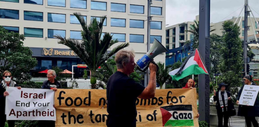 PSNA spokesperson Neil Scott reports to the pro-Palestine picket outside the MFAT Auckland office