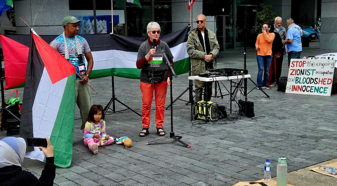 Speakers at the Palestine solidarity rally in Takutai Square 17 March 2024