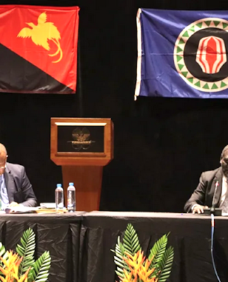 ABG President Ishmael Toroama (right) and PNG Prime Minister James Marape